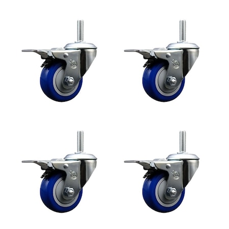 Service Caster 3 Inch Blue Polyurethane Swivel 34 Inch Threaded Stem Caster Set with Total Lock Brake SCC-TSTTL20S314-PPUB-BLUE-34212-4